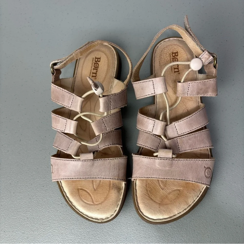 Born Women's Tan Taupe Sandals Leather Strappy Hook Loop 9M Casual Summer